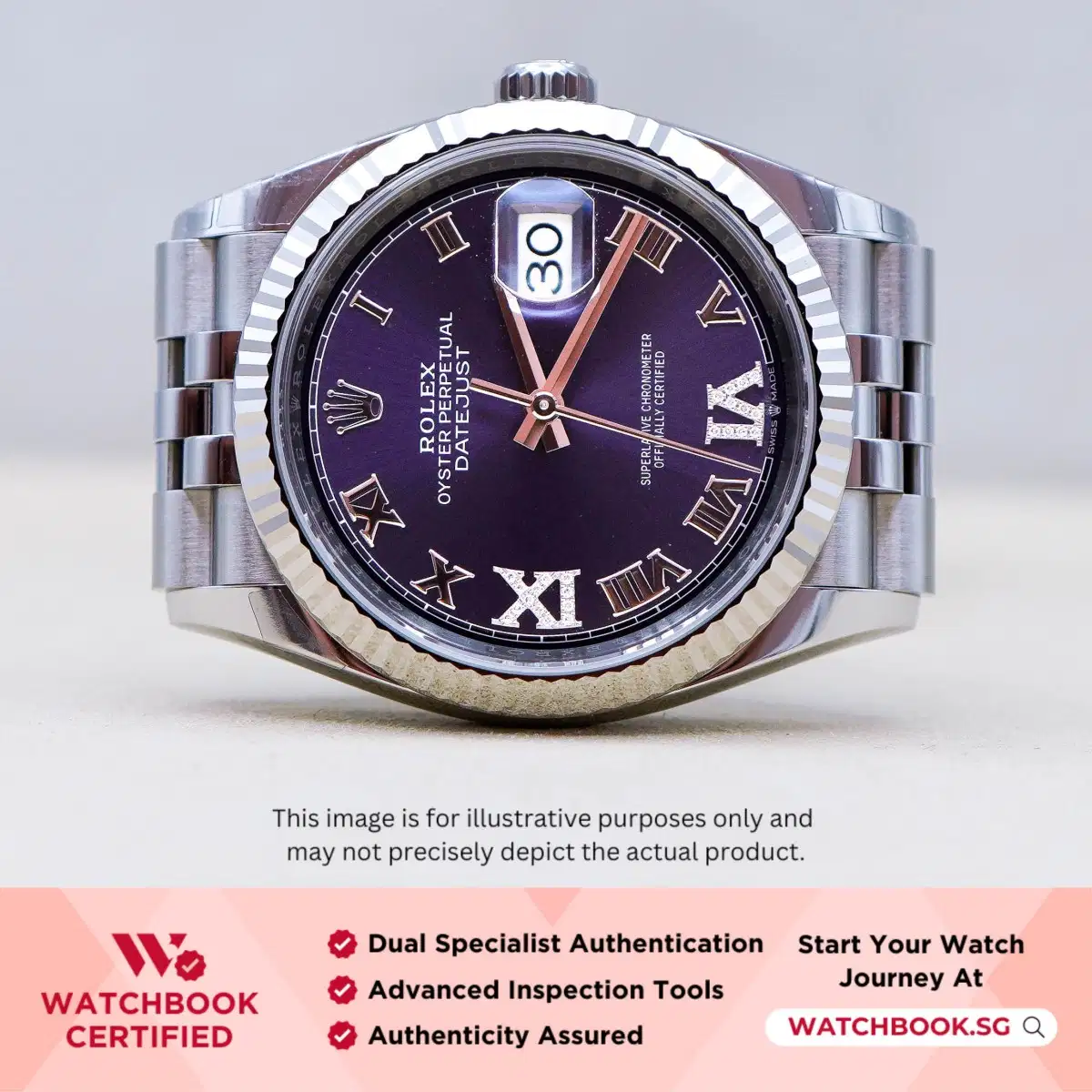 Rolex Datejust 126234 Aubergine w Roman VI & IX Diamonds Jubilee