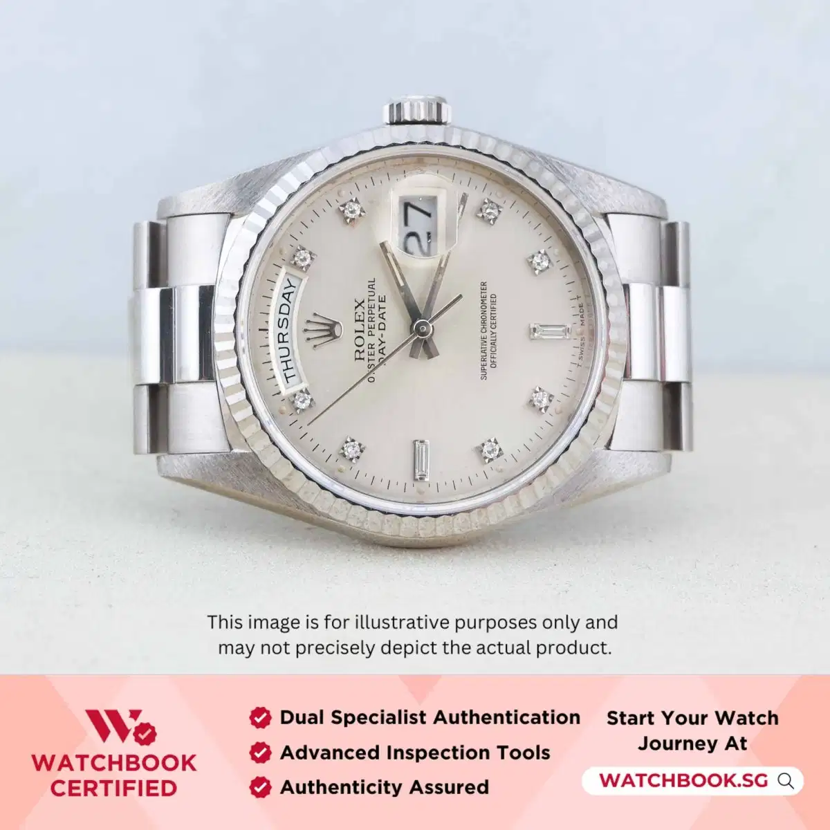 Rolex Daydate 18239 Silver with 8 Points 2 Baguette Diamonds President thumbnail