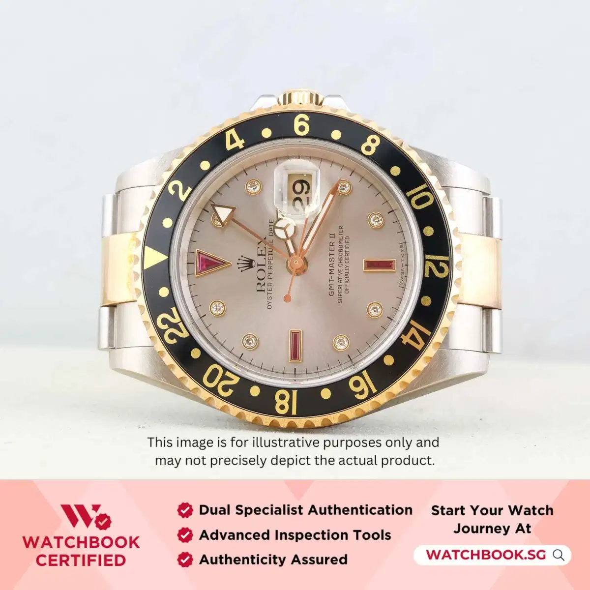 Rolex GMT Master II 16713 Grey w Serti Diamonds & Ruby Oyster thumbnail