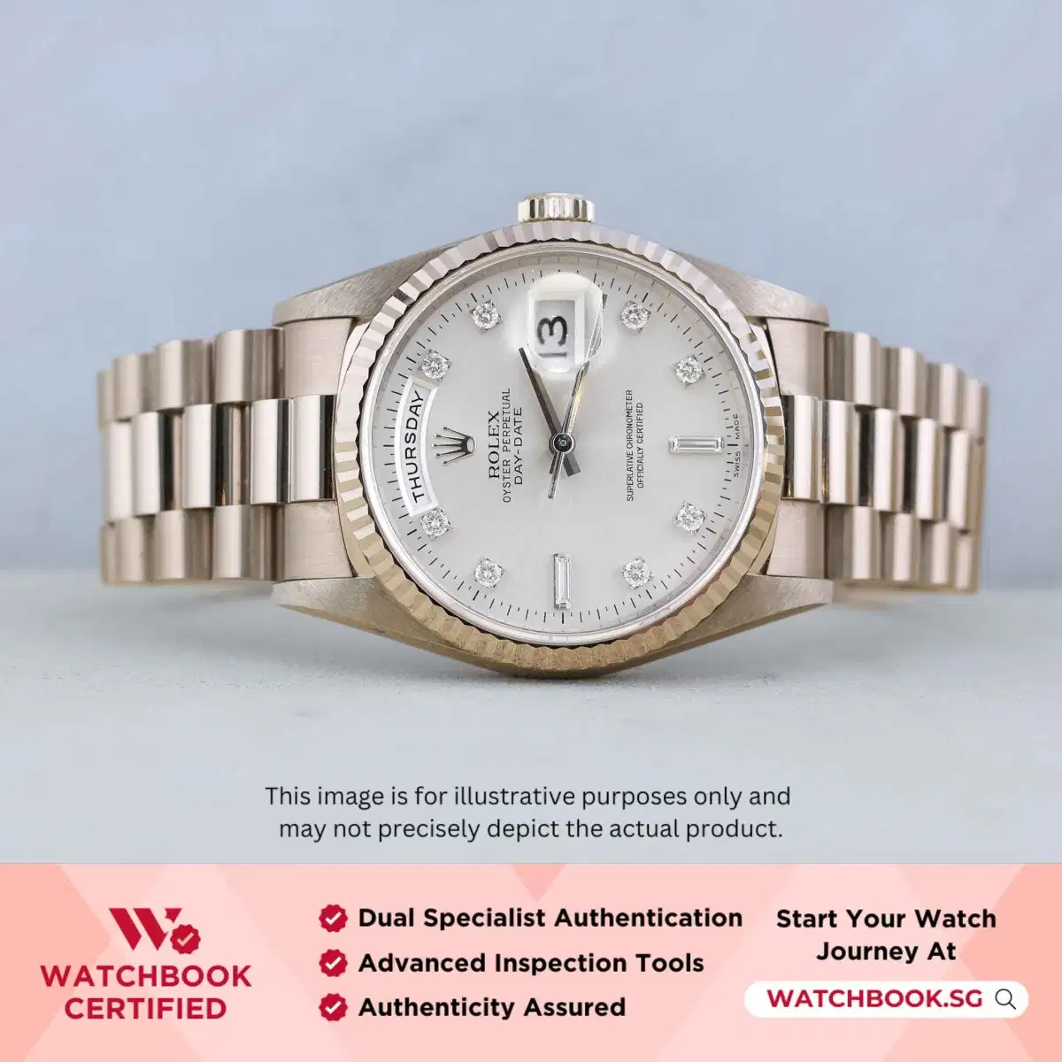 Rolex Daydate 18239 Silver with 8 Points 2 Baguette Diamonds President thumbnail