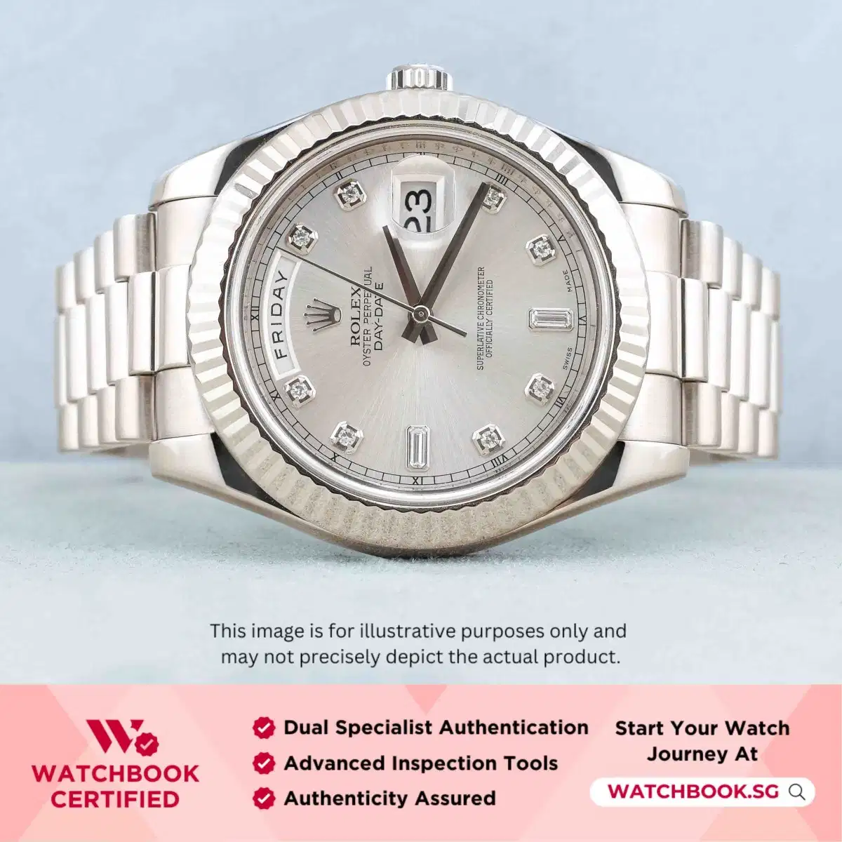 Rolex Daydate 218239 Silver w Baguette Diamonds President
