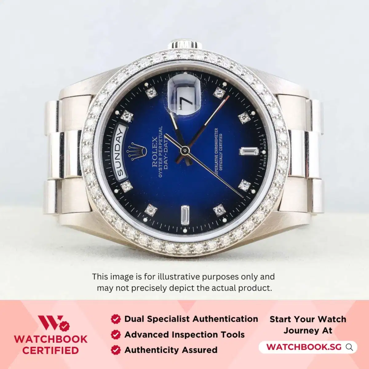 Rolex Daydate 18349 Blue Vignette w 8 Point Diamonds + Baguette Diamonds at 6 & 9 President thumbnail